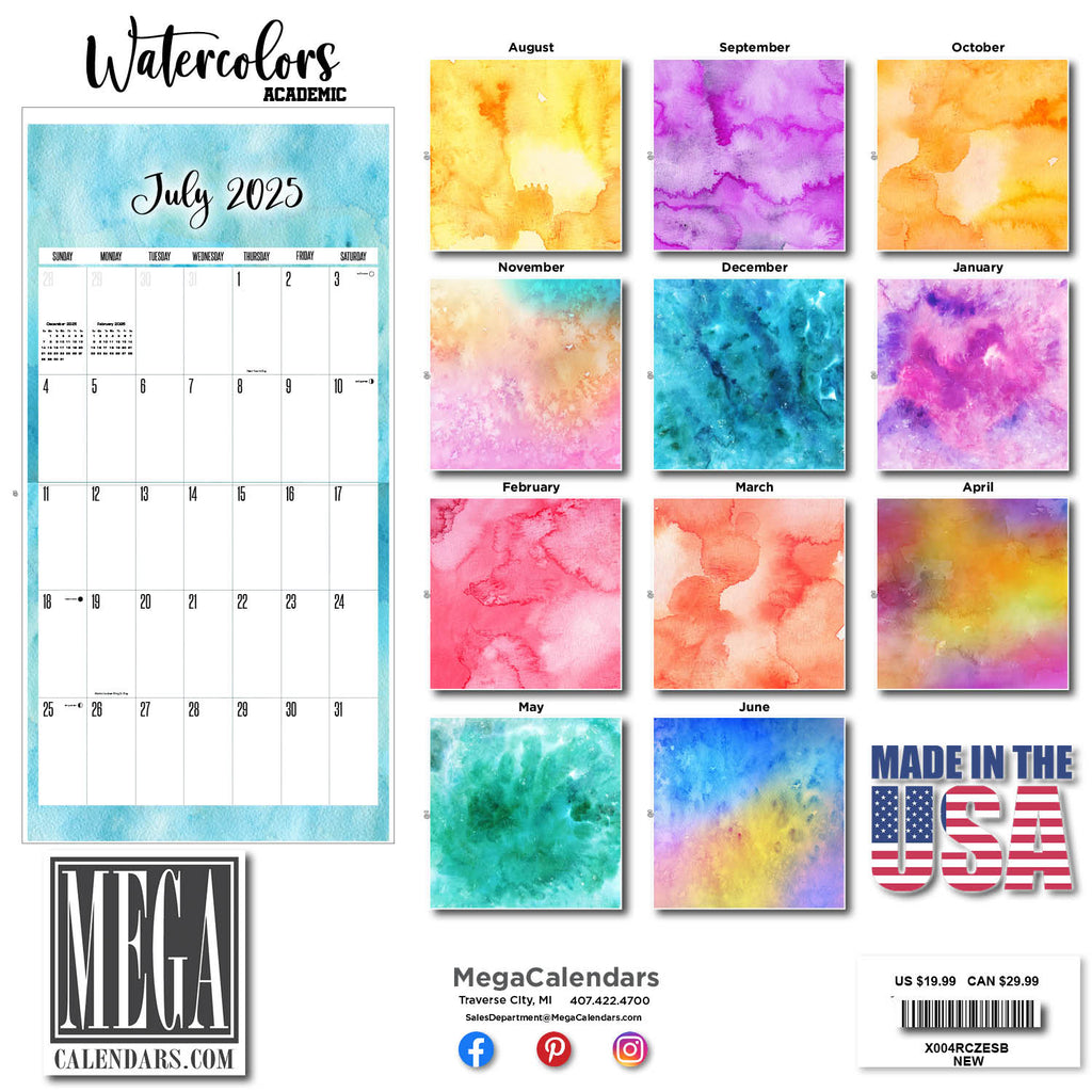 Watercolors Academic Wall Calendar 2025 2026