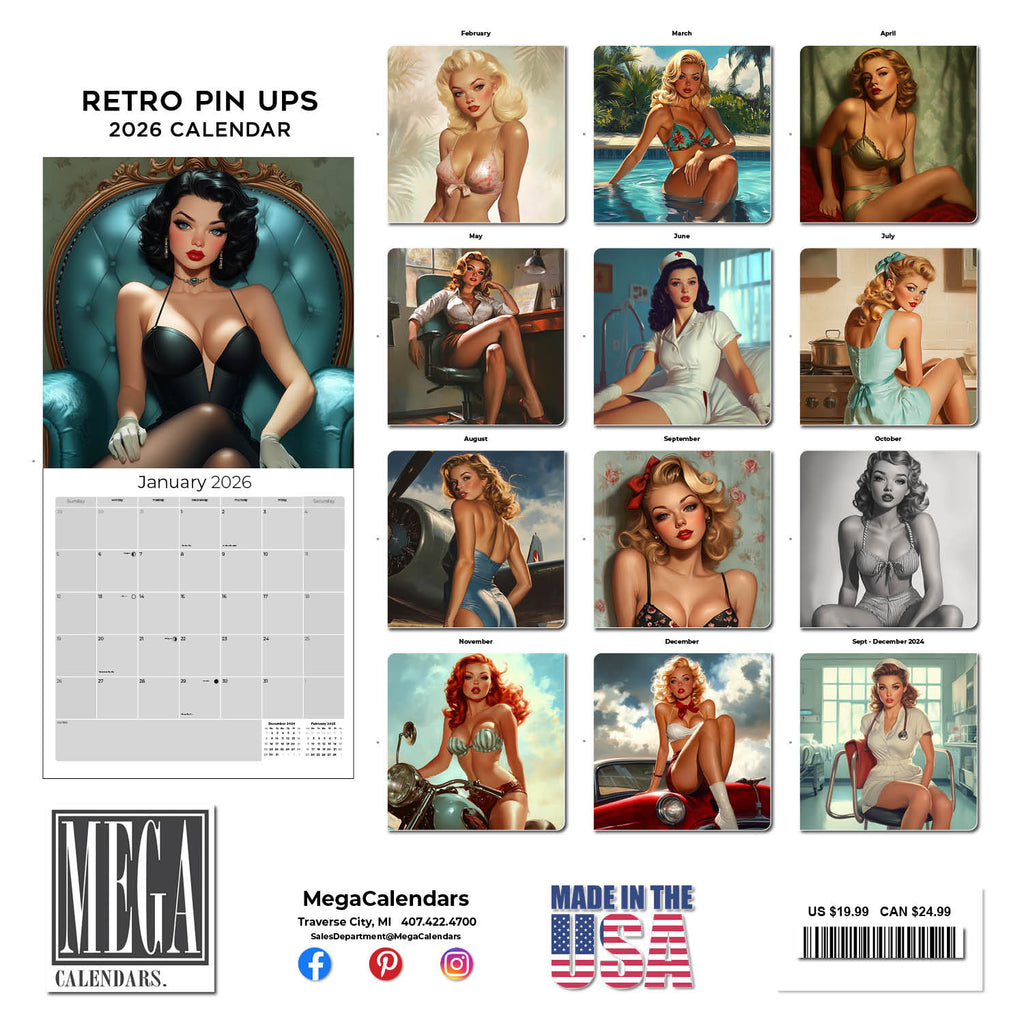 Retro Pin Ups Wall Calendar 2026