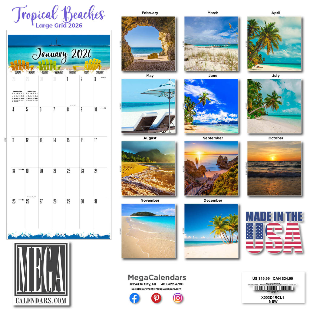Tropical Beaches Large Grid Calendar 2026