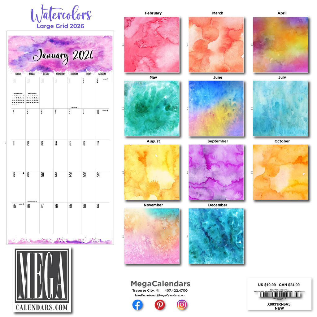 Watercolors LARGE GRID Wall Calendar 2026