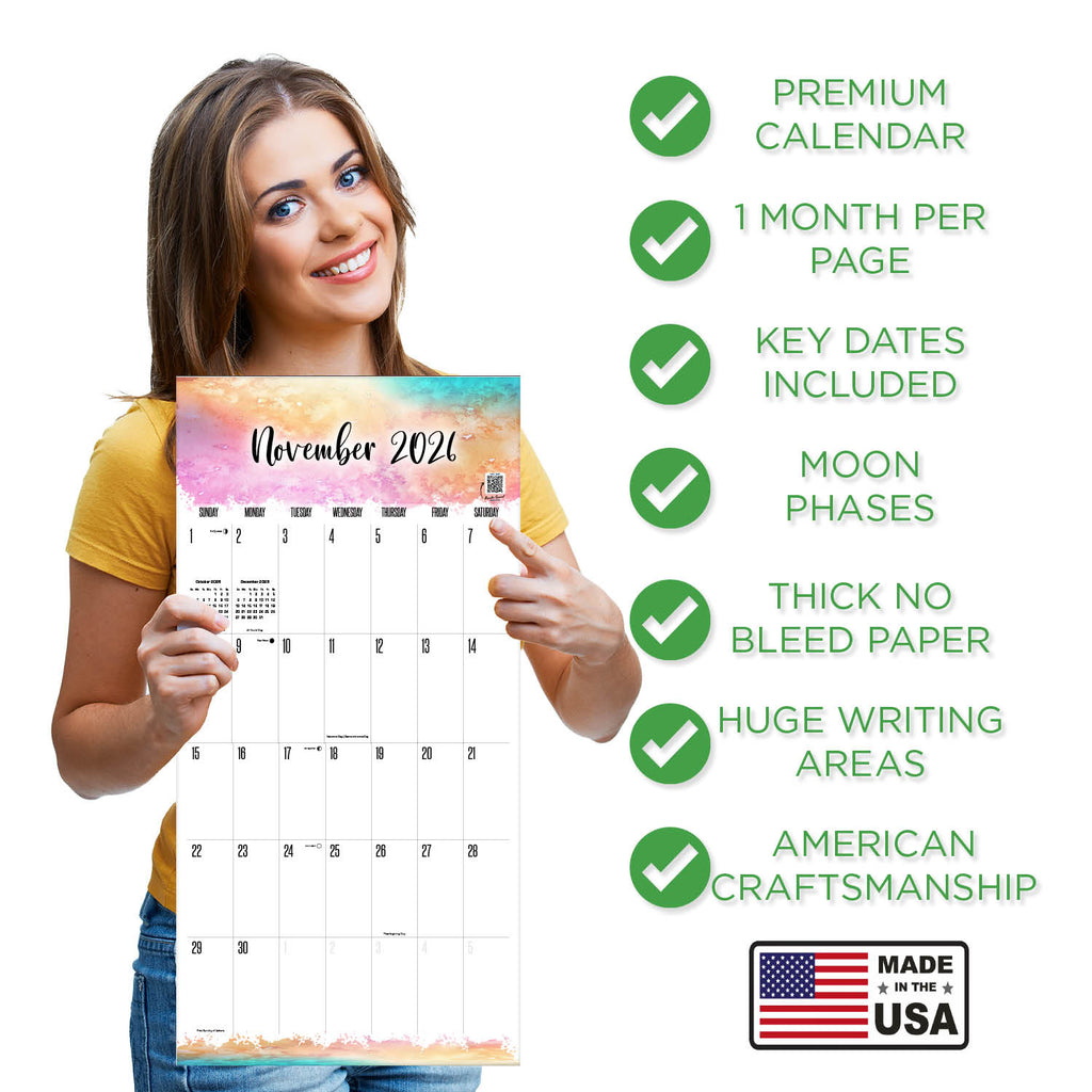 Watercolors LARGE GRID Wall Calendar 2026