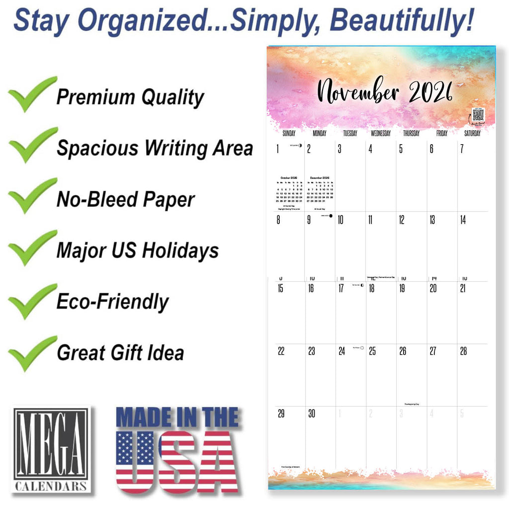 Watercolors LARGE GRID Wall Calendar 2026