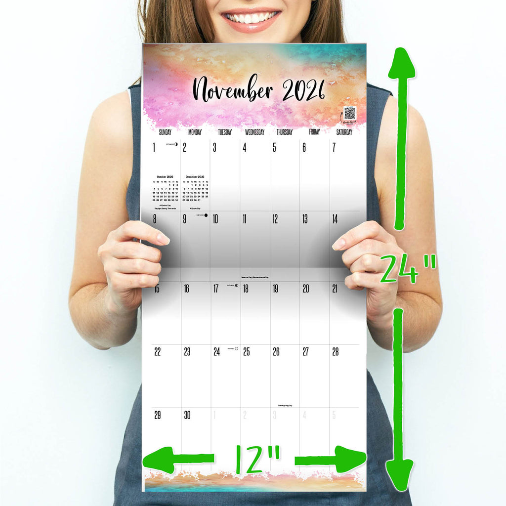 Watercolors LARGE GRID Wall Calendar 2026