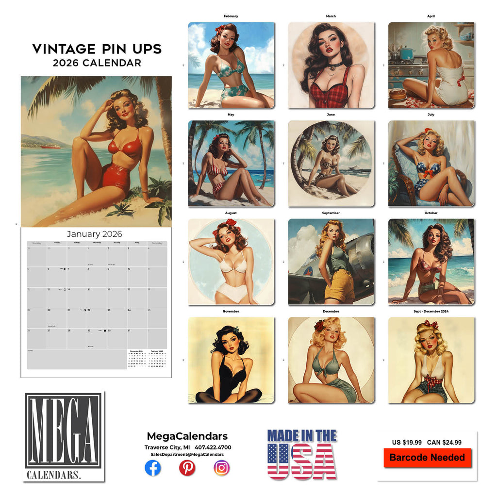Vintage Pin Ups Wall Calendar 2026