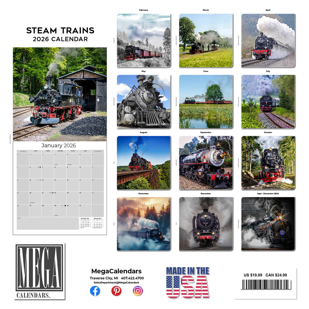 Steam Trains Wall Calendar 2026