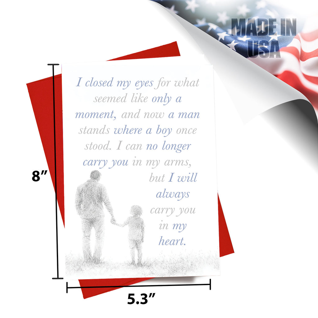 Sentimental son poem card shown at 5.3" x 8" scale to highlight its large, premium size.
