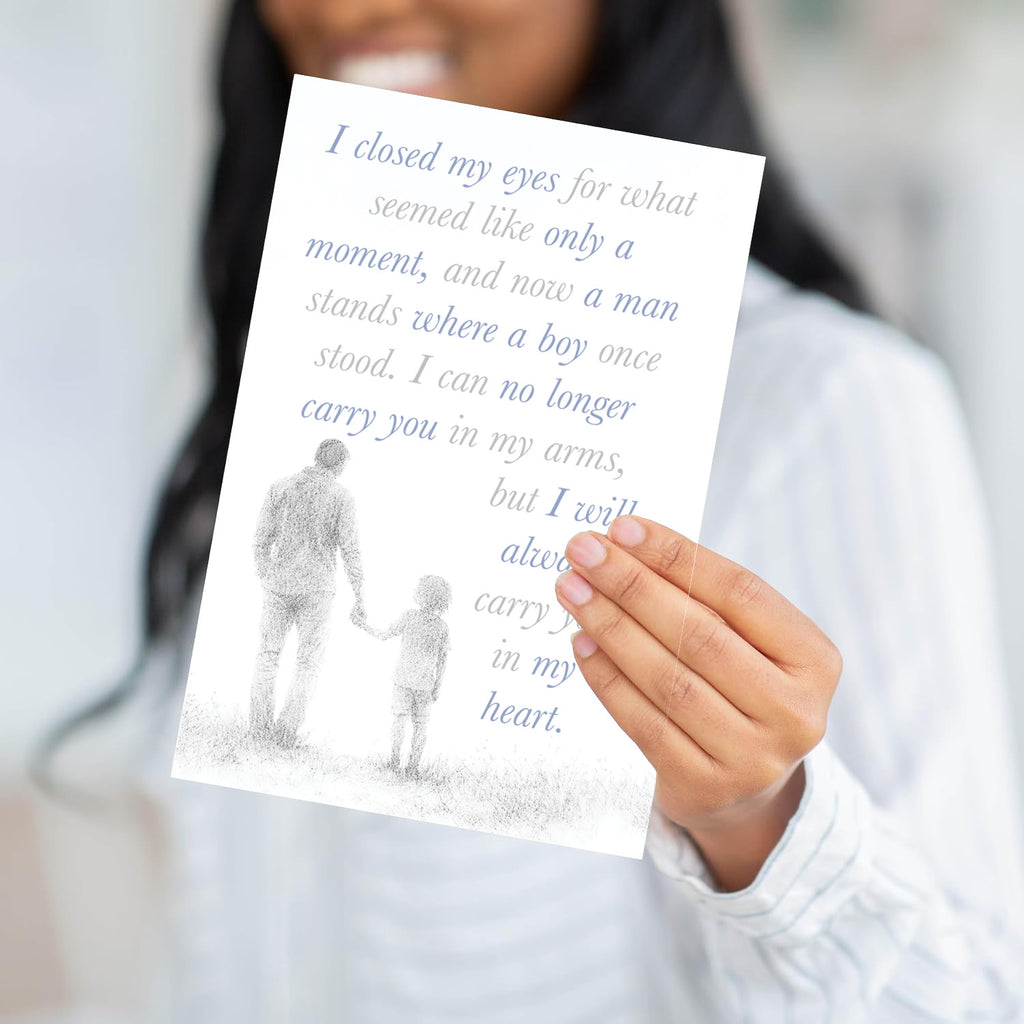 A person holding the "I Closed My Eyes" card to demonstrate the substantial feel and quality of the paper.