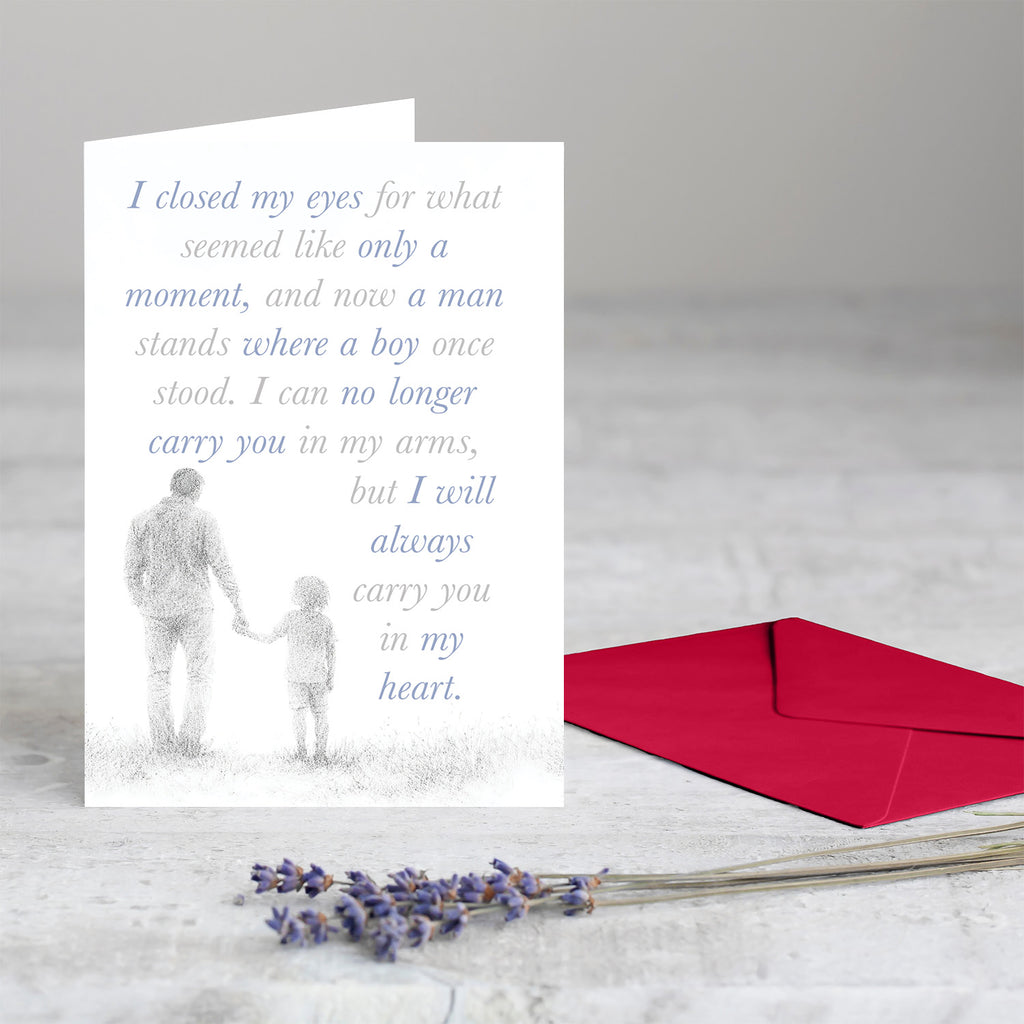 The "I Closed My Eyes" greeting card shown next to its premium red self-adhesive envelope.