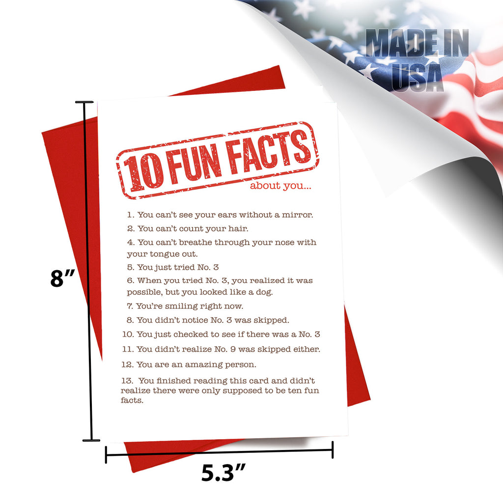 Humorous 5.3" x 8" Fun Facts card shown with measurements to highlight its large, premium size.