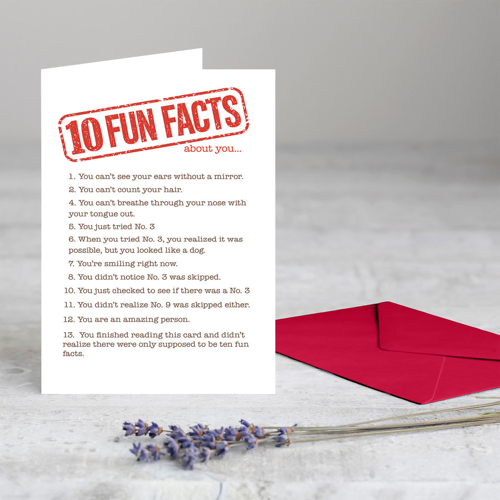 The "10 Fun Facts" card shown next to its included premium red self-adhesive envelope.