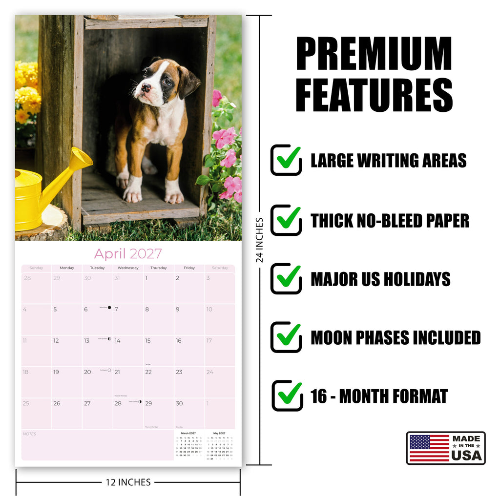 Boxer Puppies Wall Calendar 2027 - 12" x 12" Monthly Adorable Mischievous Boxer Puppy Calendar