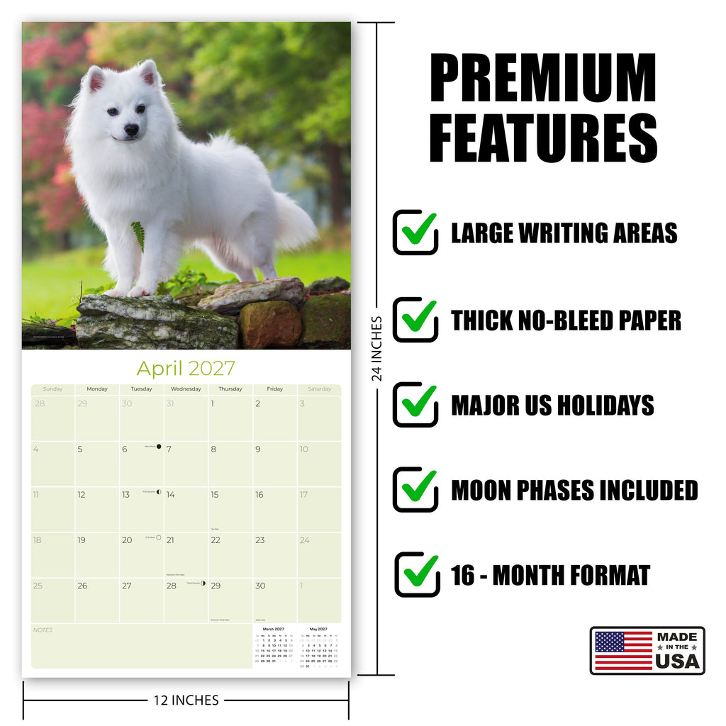 American Eskimo Dog Wall Calendar 2027 - 12" x 12" Monthly Spitz Breed & White Eskie Dog Calendar