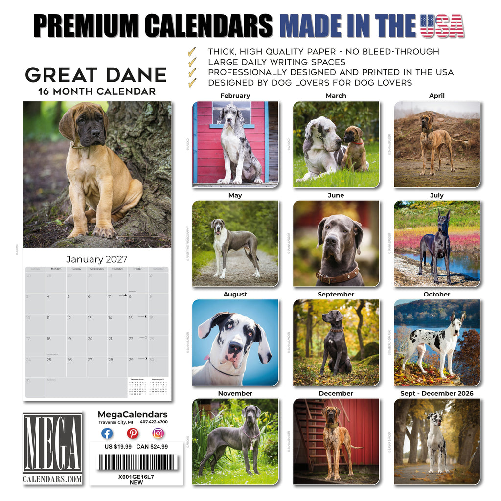 Great Dane Wall Calendar 2027 - 12" x 12" Monthly Noble Apollo of Dogs & Giant Dane Breed Calendar