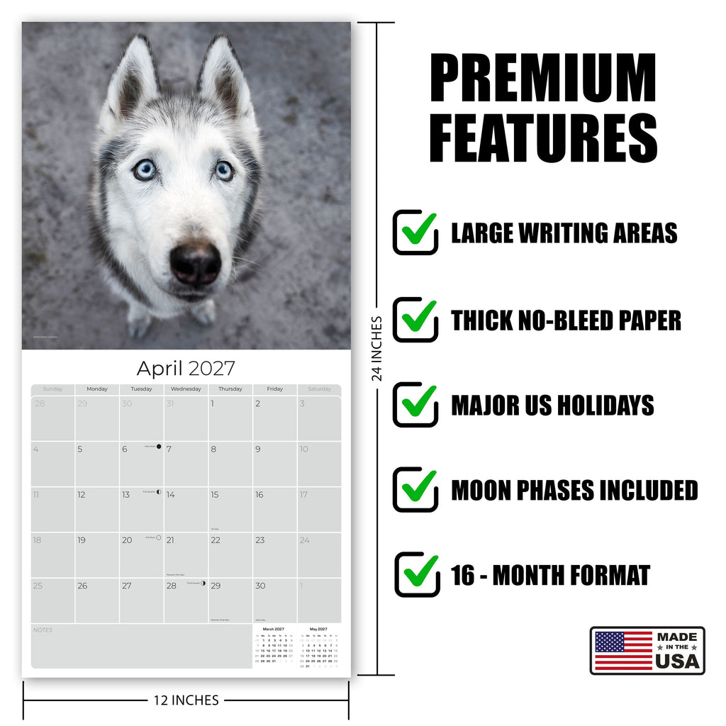 Siberian Husky Wall Calendar 2027 - 12" x 12" Monthly Athletic & Adventurous Husky Dog Breed Calendar