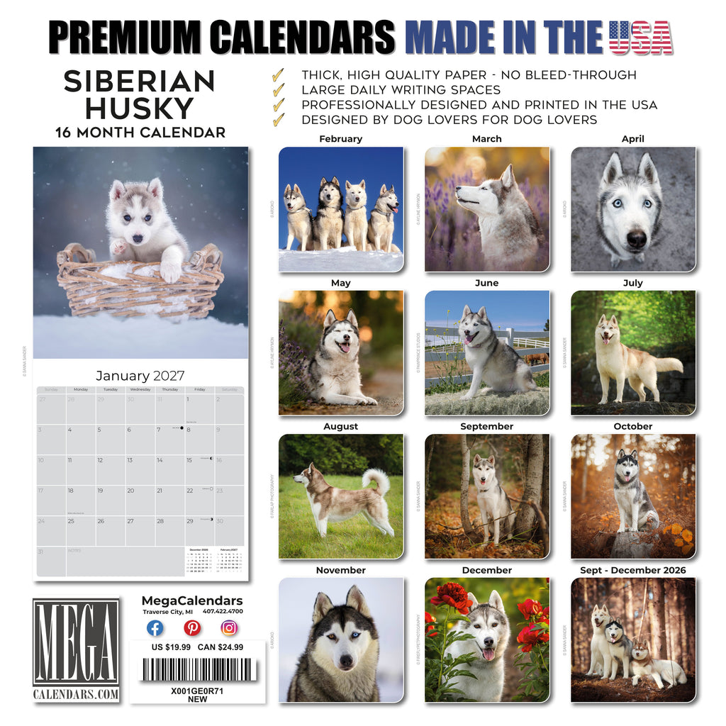 Siberian Husky Wall Calendar 2027 - 12" x 12" Monthly Athletic & Adventurous Husky Dog Breed Calendar