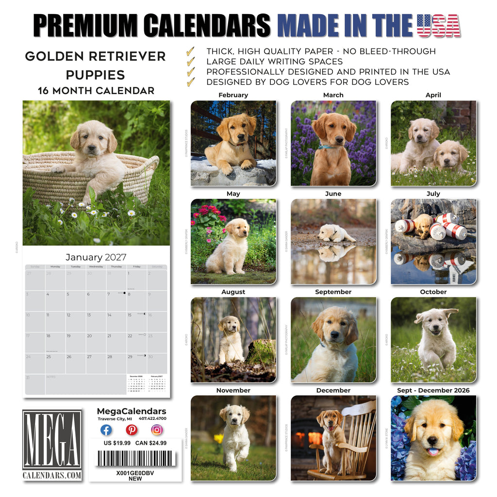 Golden Retriever Puppies Wall Calendar 2027 - 12" x 12" Monthly Adorable Golden Retriever Puppy Companion Calendar