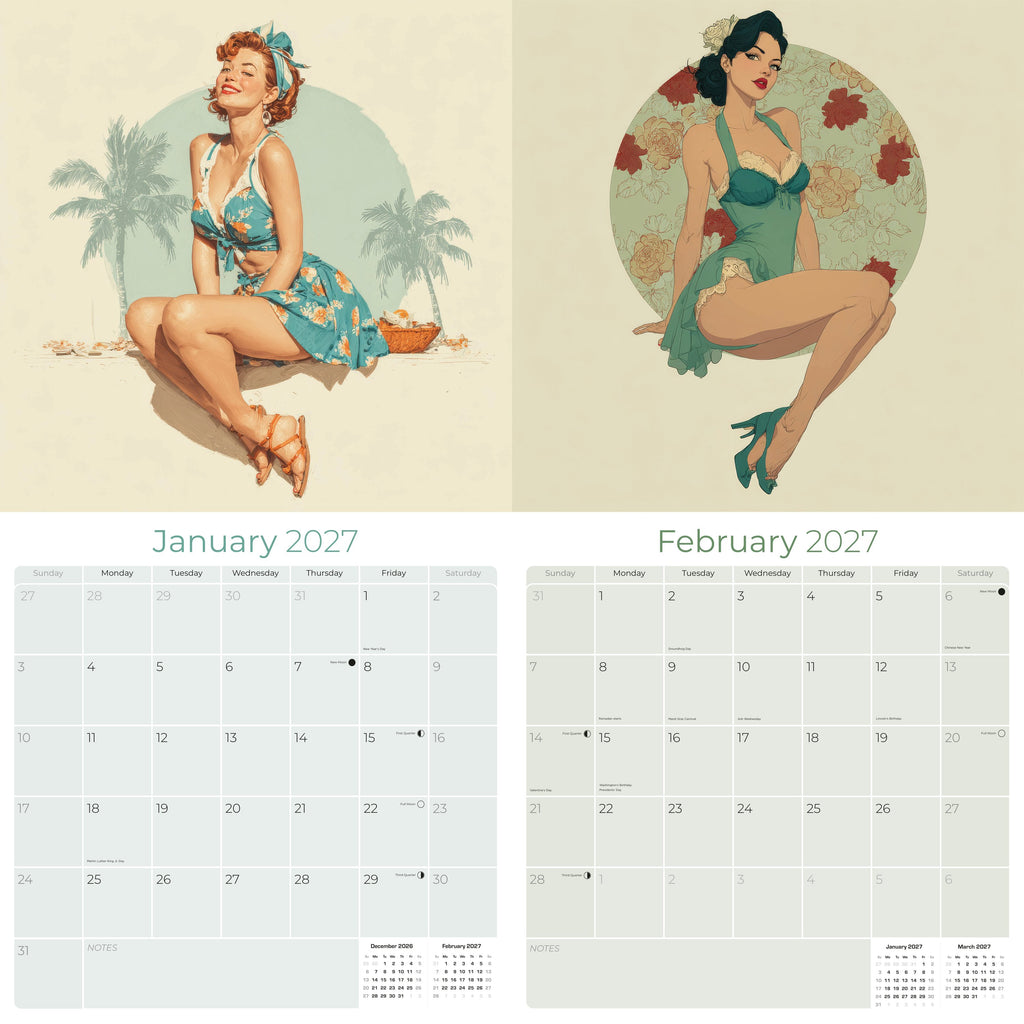 Classic Pin Ups Wall Calendar 2027 - 12" x 12" Monthly Retro Americana & Vintage Bikini Fine Art Calendar