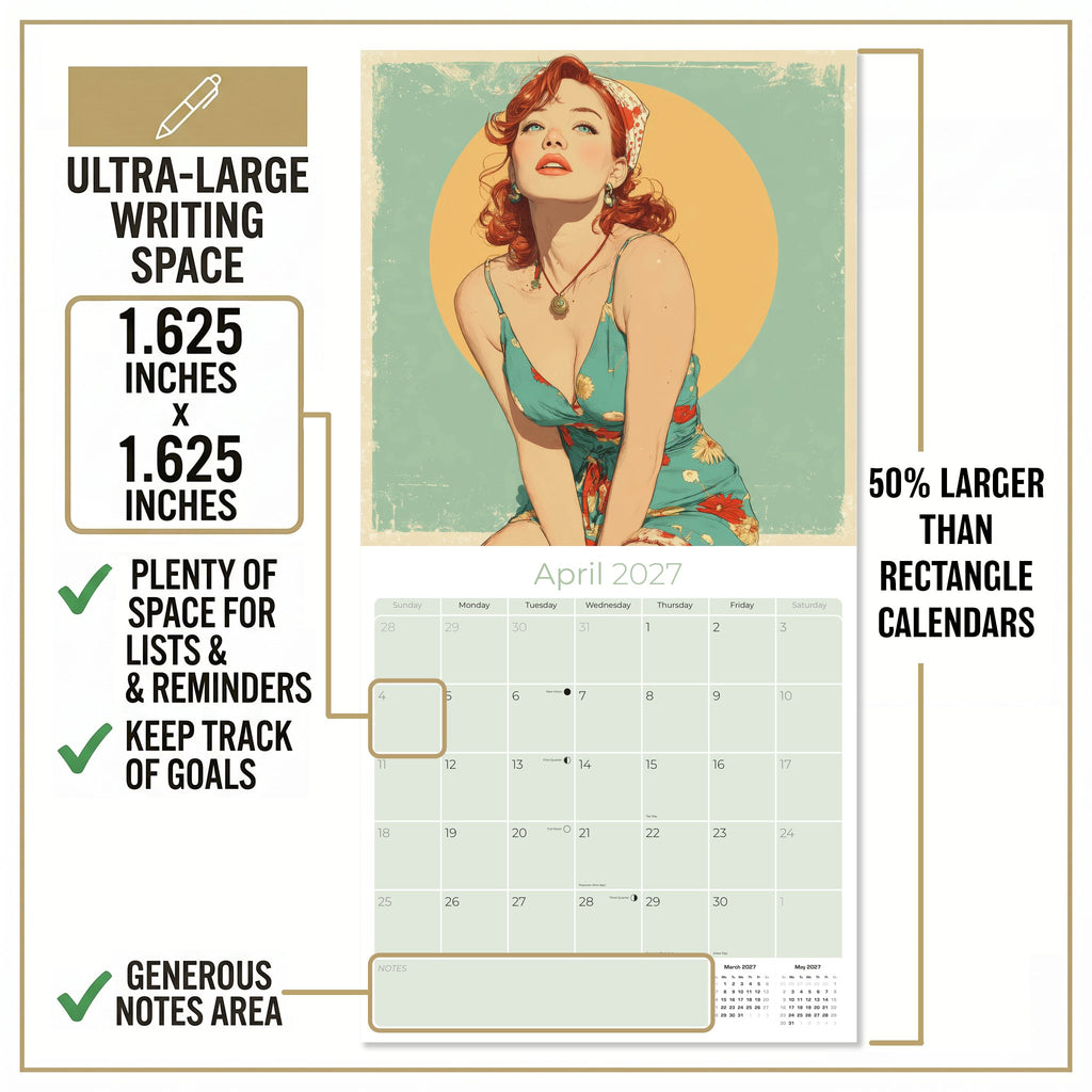 Classic Pin Ups Wall Calendar 2027 - 12" x 12" Monthly Retro Americana & Vintage Bikini Fine Art Calendar