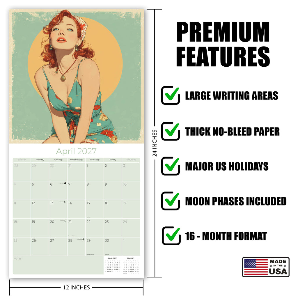 Classic Pin Ups Wall Calendar 2027 - 12" x 12" Monthly Retro Americana & Vintage Bikini Fine Art Calendar