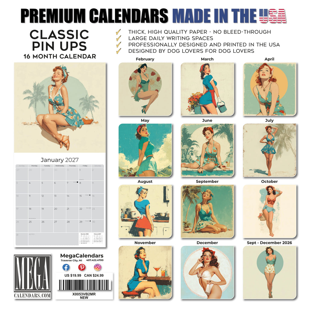 Classic Pin Ups Wall Calendar 2027 - 12" x 12" Monthly Retro Americana & Vintage Bikini Fine Art Calendar