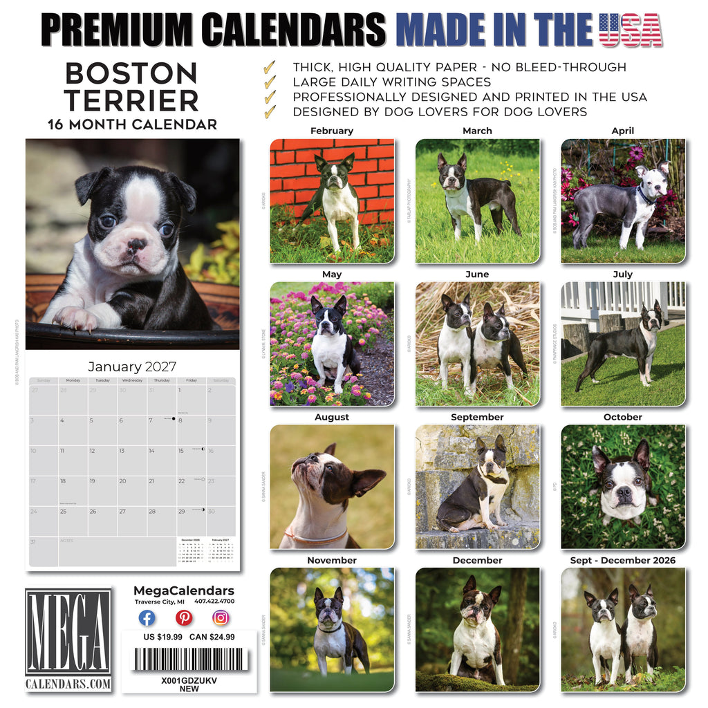 Boston Terrier Wall Calendar 2027 - 12" x 12" Monthly Lively Amusing American Gentleman Calendar