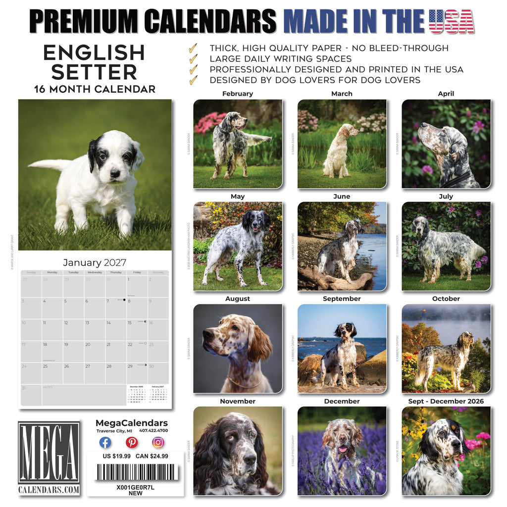 English Setter Wall Calendar 2027 - 12" x 12" Monthly Elegant Feathered Belton & English Setter Gundog Calendar