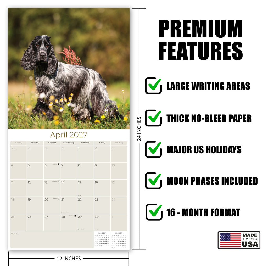 English Cocker Spaniel Wall Calendar 2027 - 12" x 12" Monthly Elegant English Cocker & Long-Eared Gundog Calendar