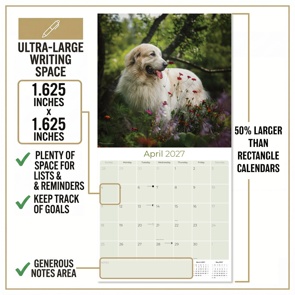 Great Pyrenees Wall Calendar 2027 - 12" x 12" Monthly Noble Pure-White Livestock Guardian Mountain Dog Calendar