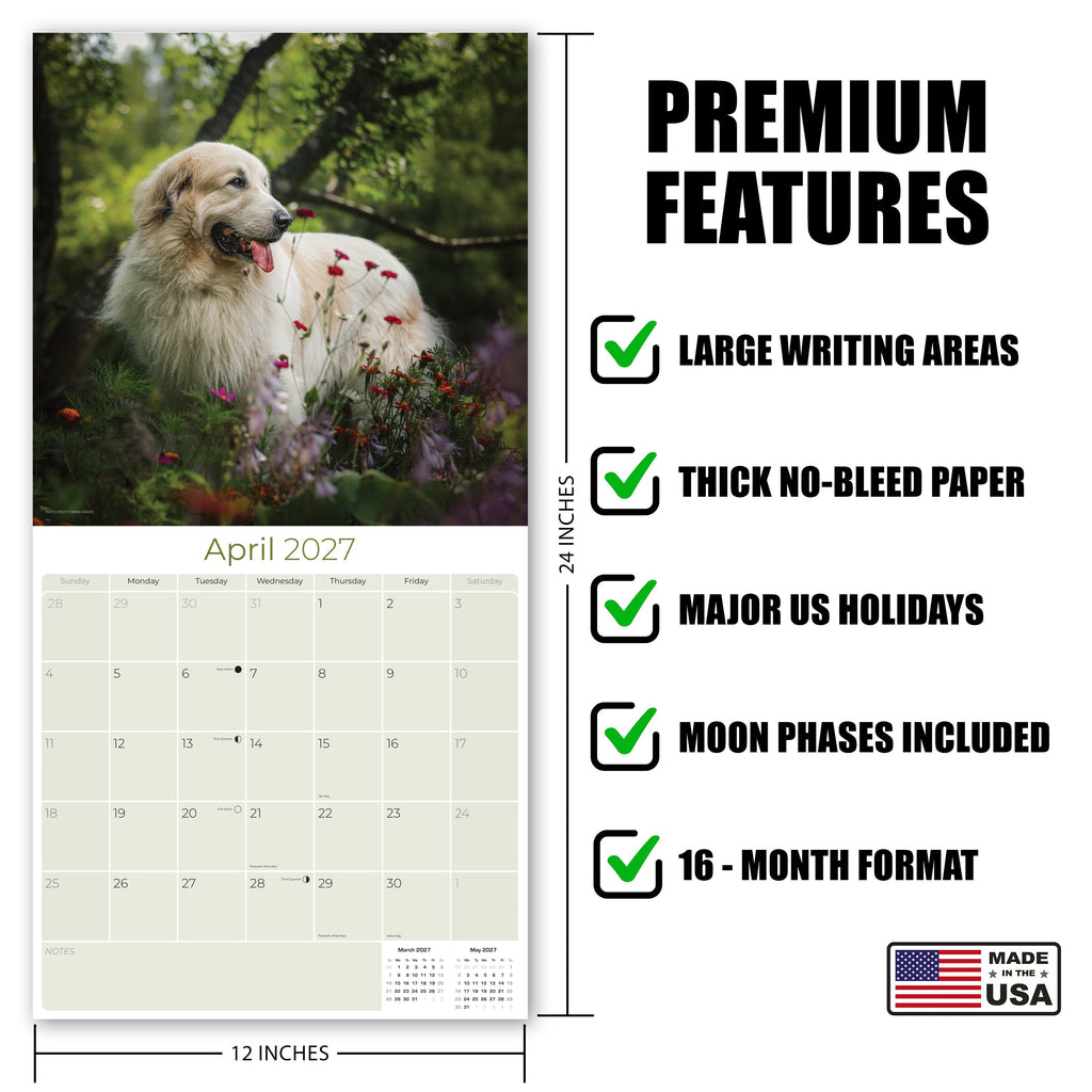 Great Pyrenees Wall Calendar 2027 - 12" x 12" Monthly Noble Pure-White Livestock Guardian Mountain Dog Calendar