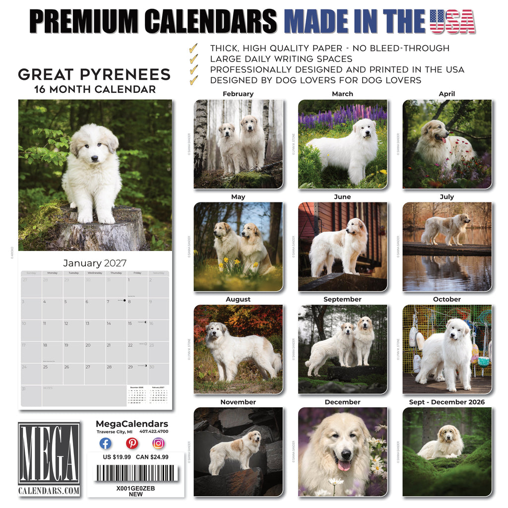 Great Pyrenees Wall Calendar 2027 - 12" x 12" Monthly Noble Pure-White Livestock Guardian Mountain Dog Calendar