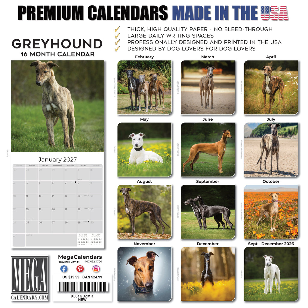 Greyhound Wall Calendar 2027 - 12" x 12" Monthly Sleek Aerodynamic Racing & Athletic Sighthound Calendar