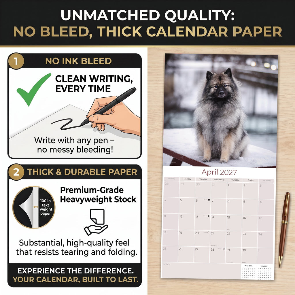 Keeshond Wall Calendar 2027 - 12" x 12" Monthly Plush Silver-Grey & Smiling Spitz Companion Calendar