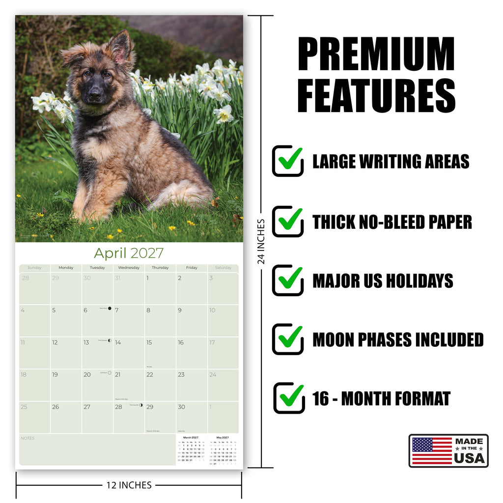 German Shepherd Puppies Wall Calendar 2027 - 12" x 12" Monthly Heartwarming GSD Puppy & Fluffy Shepherd Cub Calendar