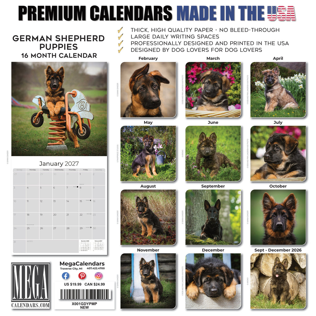 German Shepherd Puppies Wall Calendar 2027 - 12" x 12" Monthly Heartwarming GSD Puppy & Fluffy Shepherd Cub Calendar