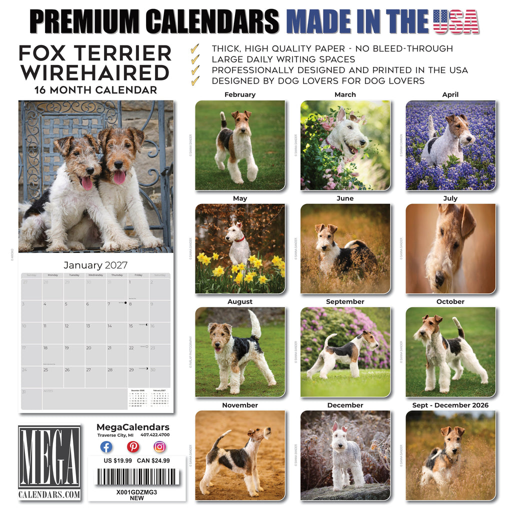 Fox Terrier (Wirehaired) Wall Calendar 2027 - 12" x 12" Monthly Spirited Wire Hair Terrier Dog Breed Calendar