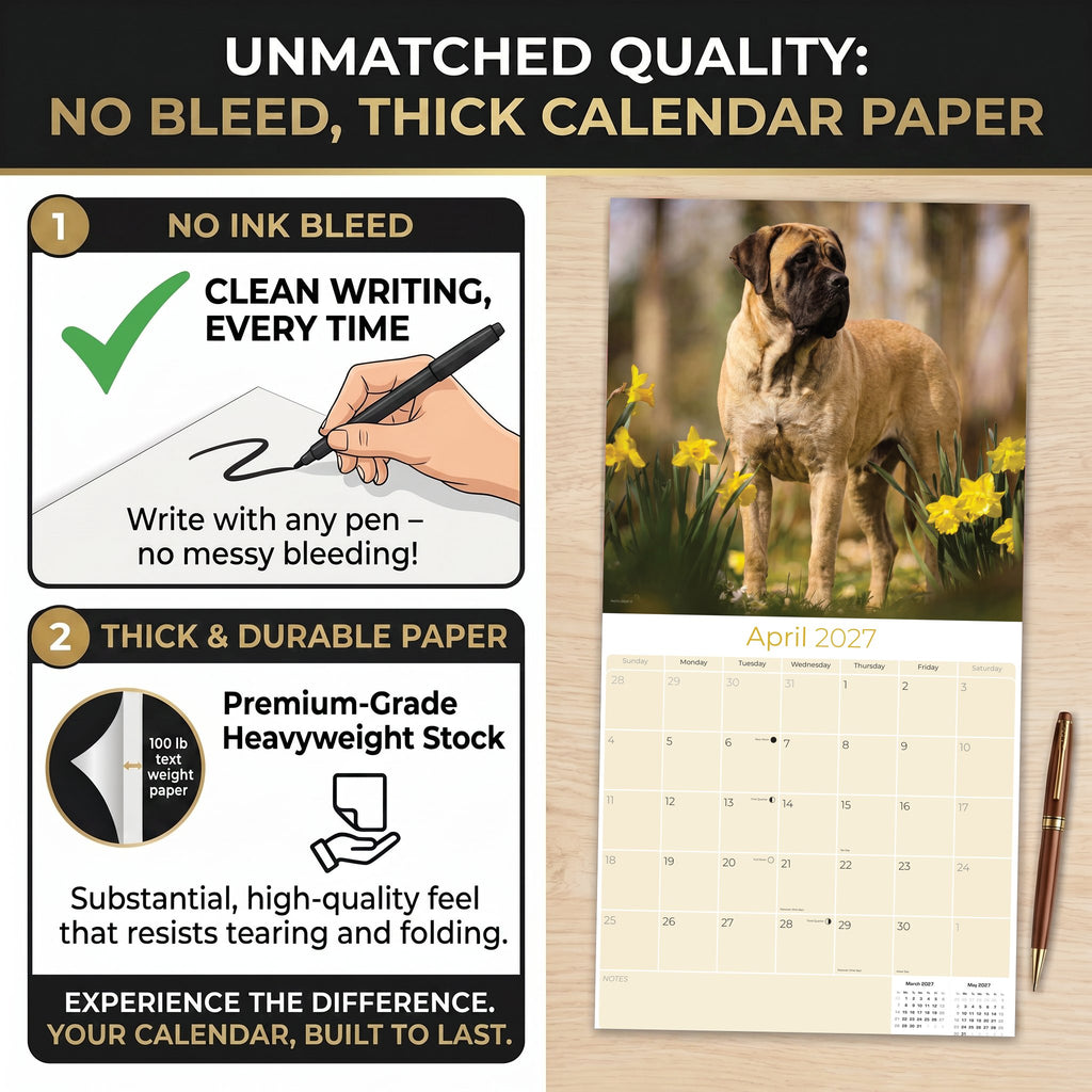 Mastiff Wall Calendar 2027 - 12" x 12" Monthly Courageous Giant & Heavy Guard Dog Breed Calendar