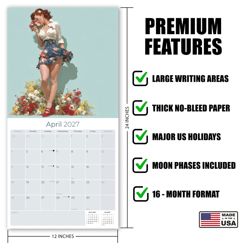 Vintage Pin Ups Wall Calendar 2027 - 12" x 12" Monthly Timeless Nostalgic Glamour & Art History Calendar