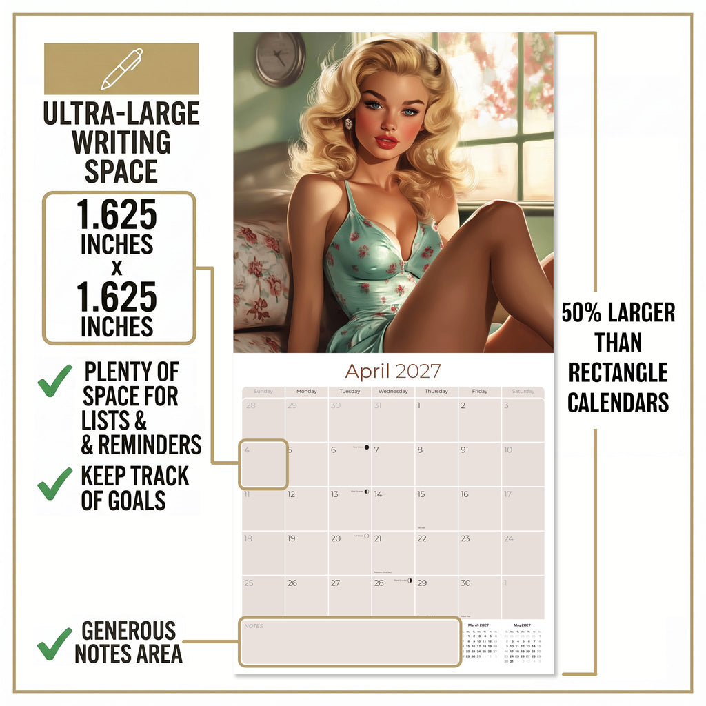 Retro Pin Ups Wall Calendar 2027 - 12" x 12" Monthly Classic Mid-Century Style Glamour Illustration Calendar