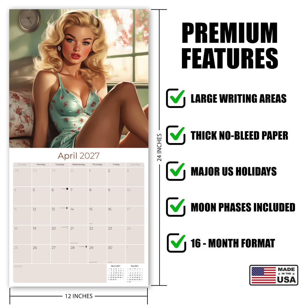 Retro Pin Ups Wall Calendar 2027 - 12" x 12" Monthly Classic Mid-Century Style Glamour Illustration Calendar