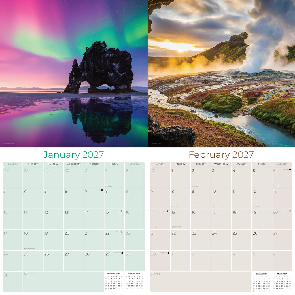 Iceland Wall Calendar 2027 - 12" x 12" Monthly Nordic Volcanic Landscapes & Arctic Travel Scenery Calendar
