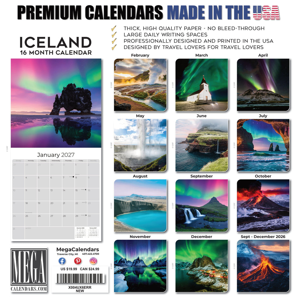 Iceland Wall Calendar 2027 - 12" x 12" Monthly Nordic Volcanic Landscapes & Arctic Travel Scenery Calendar