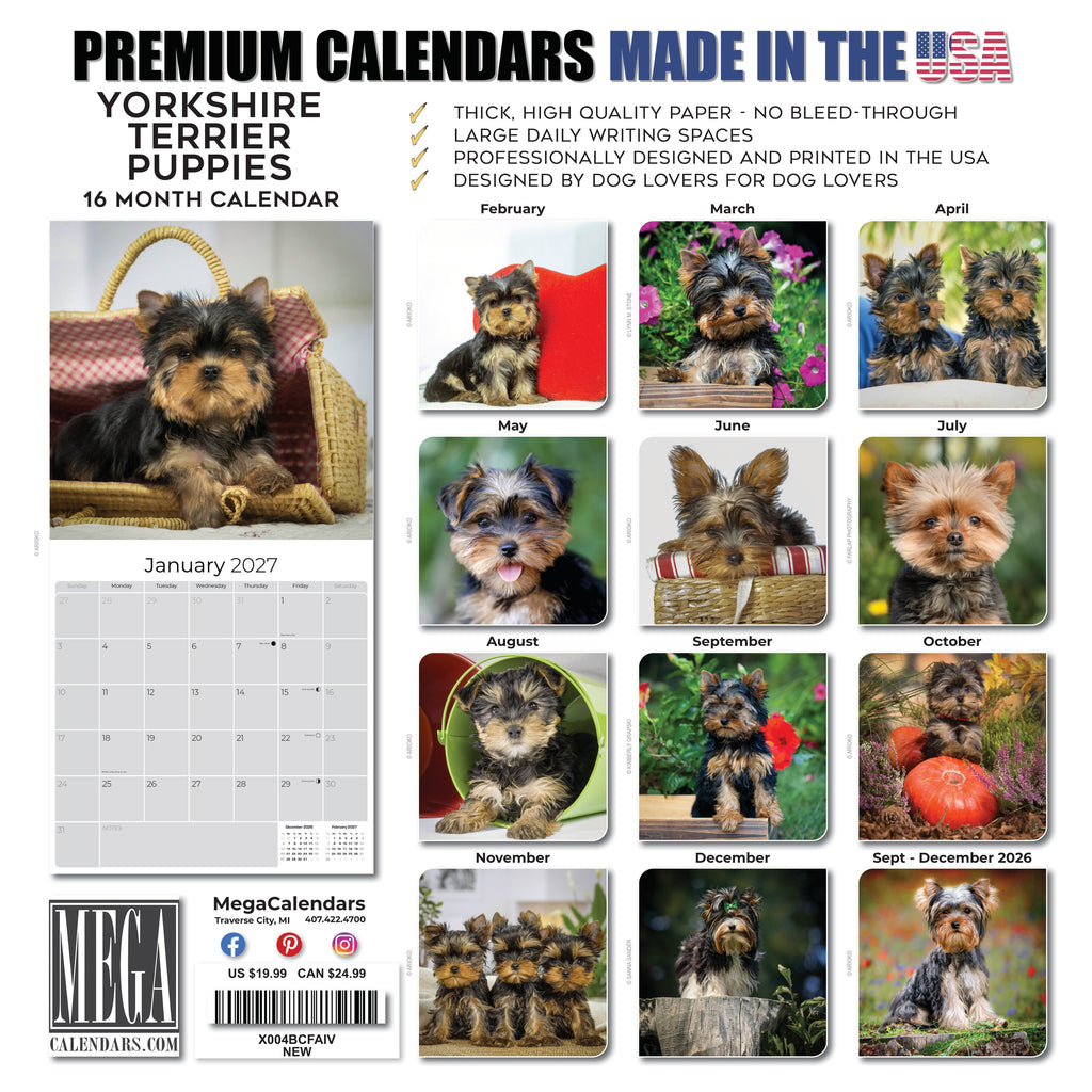 Yorkshire Terrier Puppies Wall Calendar 2027 - 12" x 12" Monthly Cute Playful Silky Toy Dog Breed Calendar