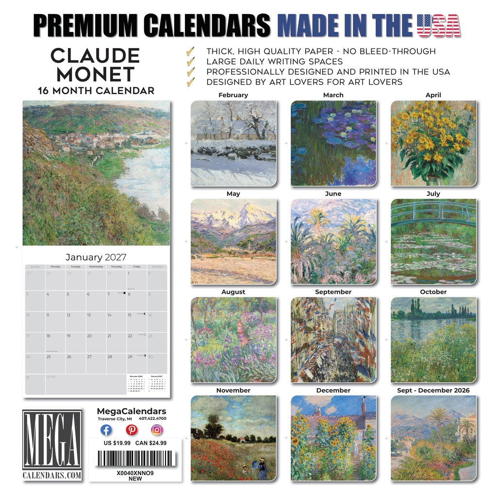Claude Monet Wall Calendar 2027 - 12" x 12" Monthly Classic French Impressionist Oil Painting Art Calendar