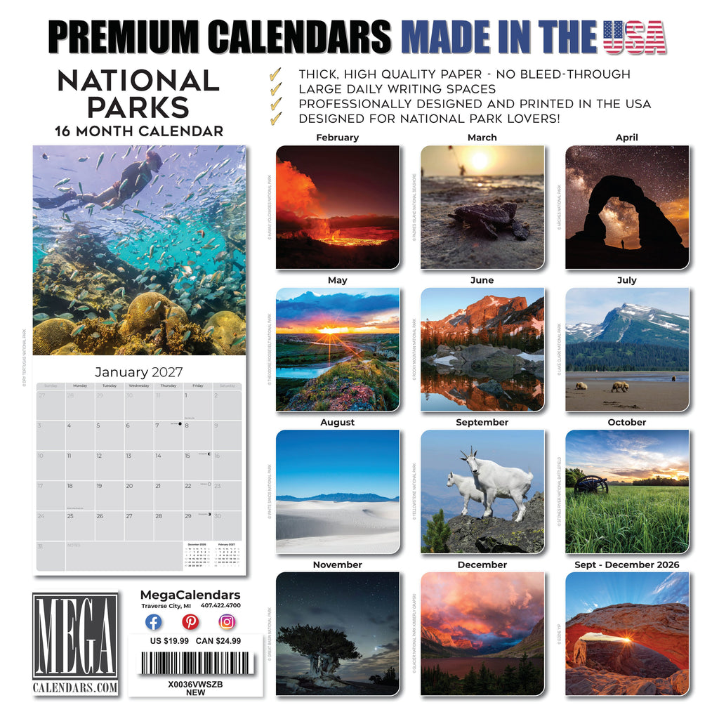 National Parks Wall Calendar 2027 - 12" x 12" Monthly Majestic American Wilderness Scenic Landmarks Travel Calendar