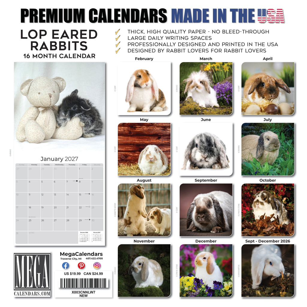 Lop Eared Rabbit Wall Calendar 2027 - 12" x 12" Monthly Fluffy Drop-Eared Bunnies & Cute Pet Rabbit Calendar