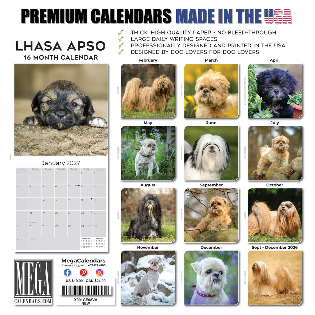 Lhasa Apso Wall Calendar 2027 - 12" x 12" Monthly Regal Long-Haired & Sentinel Tibetan Companion Calendar