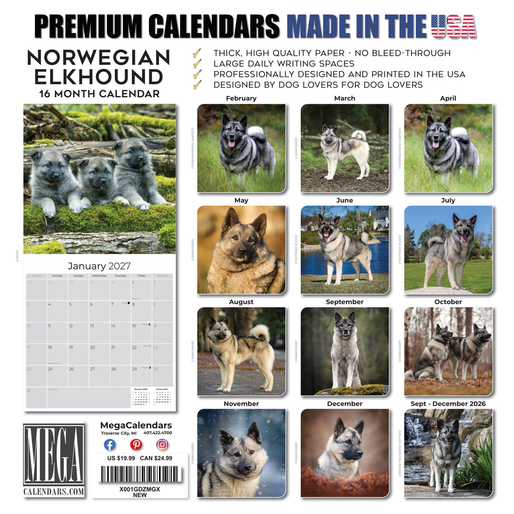 Norwegian Elkhound Wall Calendar 2027 - 12" x 12" Monthly Bold Silver-Grey & Viking Heritage Hound Calendar