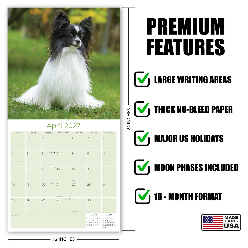 Papillon Wall Calendar 2027 - 12" x 12" Monthly Intelligent Butterfly Ear & Graceful Toy Spaniel Calendar