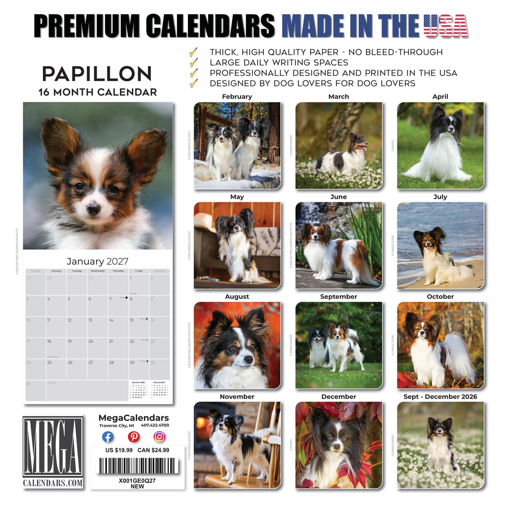 Papillon Wall Calendar 2027 - 12" x 12" Monthly Intelligent Butterfly Ear & Graceful Toy Spaniel Calendar