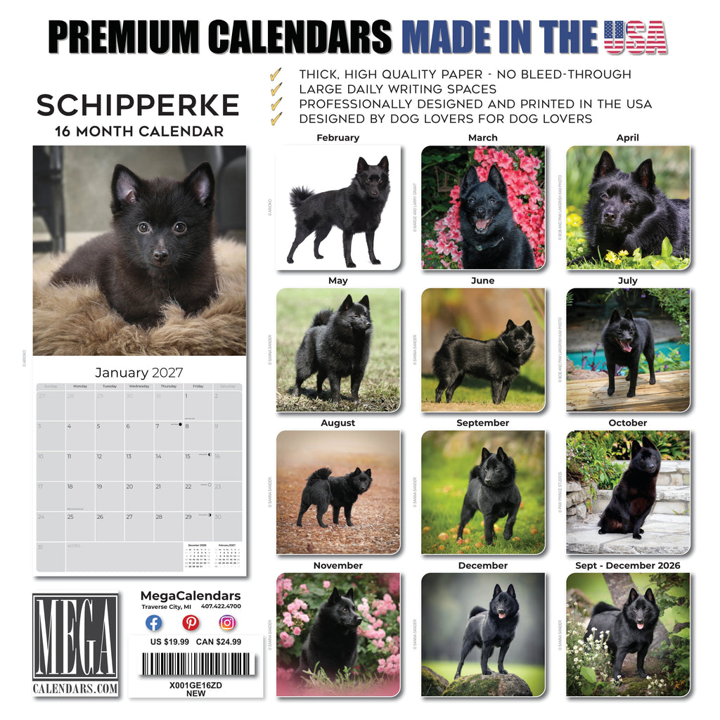 Schipperke Wall Calendar 2027 - 12" x 12" Monthly Curious & Energetic Schipperke Dog Breed Calendar